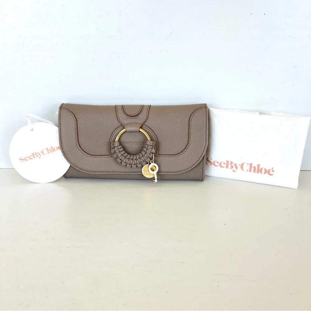 SEE BY CHLOÉ Hanna Continental Taupe Pebbled Leather Braid Gold Charm Wallet NWT